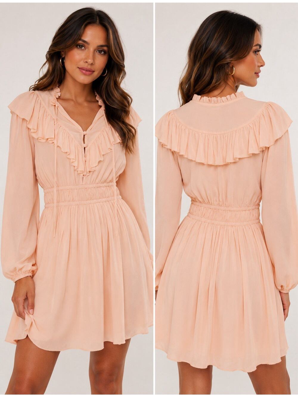 Maje Paris Ruffle Mini Dress Size 38/6 Blush Pink Long Sleeve Babydoll Boho